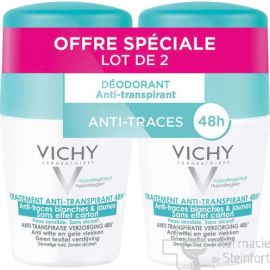 VICHY DEO ANTI-TRANSPIRANT 48H + ANTI-TRACES ANTI-TRACES JAUNE ET BLANCHES, SANS EFFET CARTON ROLL-ON DUO 2x 50 ML