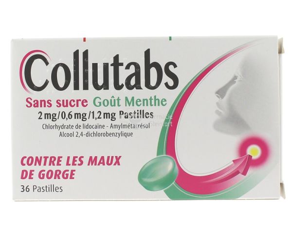COLLUTABS SANS SUCRE 2MG/0,6 MENTHE 36 PASTILLES - Maux de gorge -  Pharmacie de Steinfort